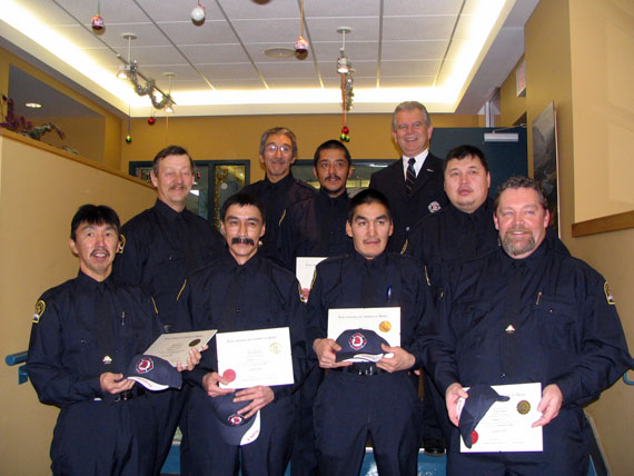 Nunavik’s first-ever firefighter graduates are pictured here in November 2008, after receiving their Fire Fighter 1 accreditation from Quebec’s ENPQ. The same group went on to become certified as Fire Fighter 1 instructors in 2010, which allows them to train other firefighters in the region. (PHOTO COURTESY OF THE KRG)