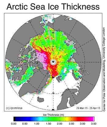This map shows sea ice thickness in meters in the Arctic Ocean from March 29 to April 25. (IMAGE COURTESY OF THE CENTER FOR POLAR OBSERVATION AND MODELLING)
