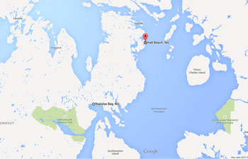 Search and rescue crews from across the Baffin and Kivalliq regions have been searching the trail between Hall Beach and Repulse Bay for Brian Koonoo, a Parks Canada employee who has been missing since May 15. He walked into Repulse Bay early May 20. (GOOGLE MAPS IMAGE)