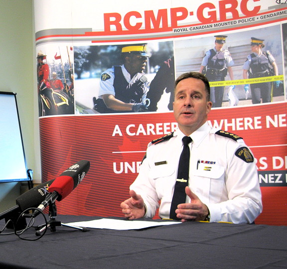 Nunavut RCMP Chief Supt. Michael Jeffrey describes, May 1 at the Iqaluit RCMP detachment, the outcome of a 42-hour standoff in the city’s Happy Valley neighbourhood. The incident led to the arrest of Iqaluit resident Jamie Mikijuk, 26, who appeared in court that day for five firearms-related charges. (PHOTO BY PETER VARGA)