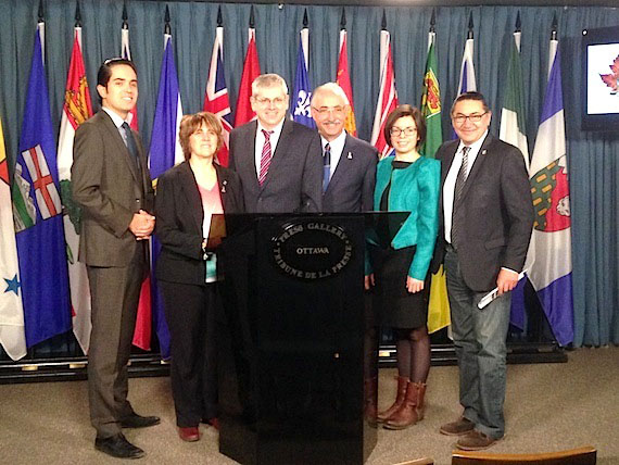 NDP MPs Jonathan Genest-Jourdan, Carol Hughes, Charlie Angus, Dennis Bevington, Niki Ashton and Romeo Saganash, shown here April 2 in Ottawa, on May 26 repeated their demand that the Nutrition North Canada program be changed. (FILE PHOTO)
