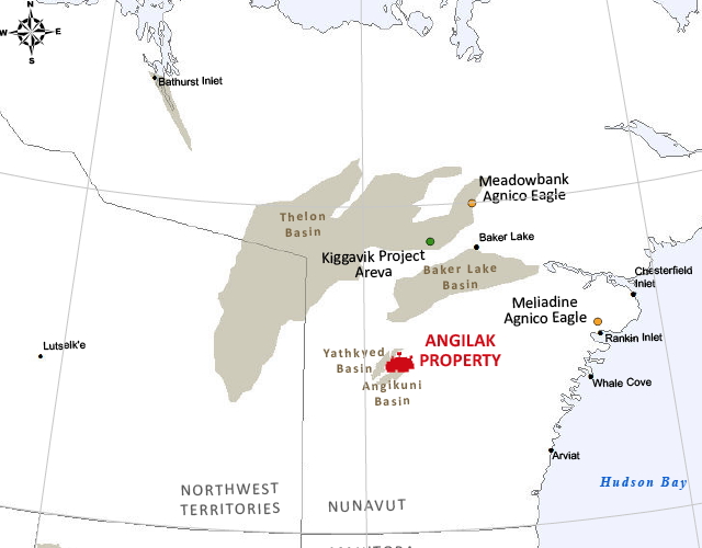 A map showing the location of the Angilak uranium property, which is west of Rankin Inlet and south of Areva Resources' proposed Kiggavik uranium project. The Nunavut Impact Review Board is planning to release on May 8 its report on the community hearings it conducted on the Kiggavik project in Rankin Inlet in March, according to executive director Ryan Barry. The Kivalliq Energy Corporation, which owns rights to the Angilak property, was formed in 2008 in partnership with the territorial land claim body, Nunavut Tunngavik Inc., because some of the property is Inuit-owned land. (KIVALLIQ ENERGY CORPORATION MAP)
