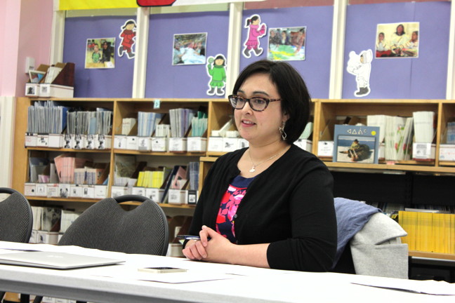 Gwen Healey, chair of the Iqaluit District Education Council, says at a May 25 meeting that council members support physical education in schools, but they have no say over whether principals hire or fire phys ed teachers. (PHOTO BY LISA GREGOIRE)