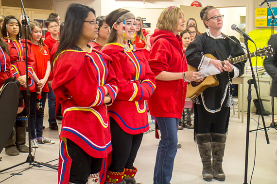 The beginning of a beautiful friendship. The Ottawa Children’s Choir and the Inuksuk Drum Dancers of Iqaluit launched a two-month cultural and educational exchange this week, starting with Music Monday on May 4, when the OCC Chamber Choir and the Inuksuk students appeared at the National Arts Centre via a broadband link. The Chamber Choir has stayed on in Iqaluit to do music workshops in Iqaluit and the Inuksuk Drum Dancers will visit Ottawa between June 26 and July 3. That will include a mass choir concert June 27 at Woodroffe United Church, which will feature the drum dancers and three choirs. (PHOTO BY BRUCE GORDON, OTTAWA CHILDREN’S CHOIR)