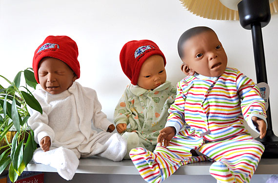These three baby dolls at Kuujjuaq's Tulattavik health centre each represent a different health scenario: the baby on the left shows features of an infant exposed prenatally to drugs, the baby on the right shows features of fetal alcohol spectrum disorder (FASD), while the baby in the middle is considered healthy. A family coordinator based at the health centre uses those dolls to do FASD awareness and prenatal education for young families in the Nunavik community. It's one of many services the health centre has integrated into its new family wellness project. Read more about the initiative next week at Nunatsiaqonline.ca. (PHOTO BY SARAH ROGERS)