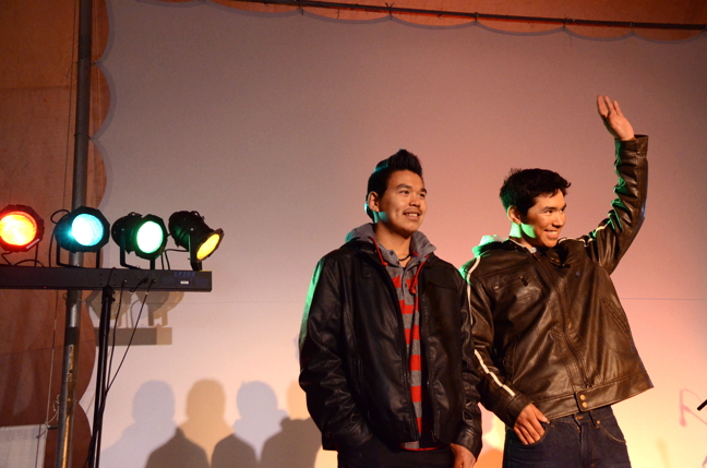 Ricky Immaroitok, left, stands beside the winner of Alianait's 2015 Battle of the Bands competition — 16-year-old Joshua Haulli from Igloolik. (PHOTO BY DAVID MURPHY) 