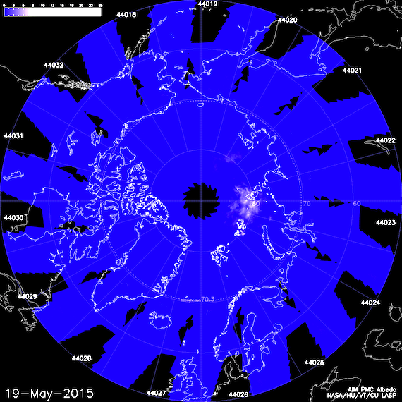This NASA satellite image shows the location of the high-level blue clouds on May 19, over northern Russia.