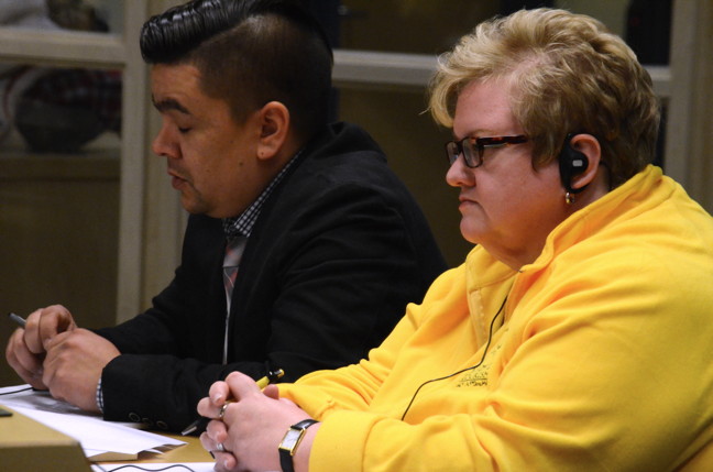 Nunavut Tourism board chair Adamie Sakeeta, left, and Colleen Dupuis, CEO of Nunavut Tourism, take questions from the standing committee on oversight of government operations and public accounts June 3 at the Nunavut legislature. (PHOTO BY DAVID MURPHY) 