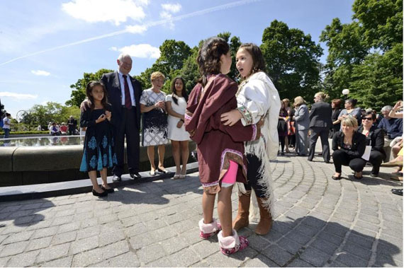 Two little throat singers perform June 3 at Rideau Hall, following a closing ceremony for the Truth and Reconciliation Commission. (PHOTO COURTESY OF RIDEAU HALL)