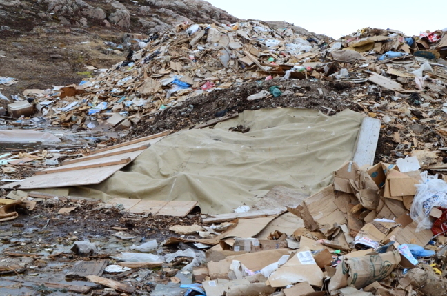 Discarded cardboard and plastic bottles sit atop Jim Little’s compost pile, right beside the Iqaluit city dump. (PHOTO BY DAVID MURPHY)