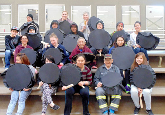 On May 28 and May 29 and June 1 and June 2, two Grade 9 classes at Killinik High School in Cambridge Bay learned how to make traditional Inuit drums. Elders Jimmy Maniyogena and Jimmy Okhila taught the teenagers the step-by-step, hands-on process. Each student learned how to make the qilaut (drum) as well as the katuk (beater.) The idea for the workshop came from Kelli Hanson, a Grade 9 teacher, who organized it along with teacher Dawn Doyle. The drums were made as part of the students’ Art and CPP courses (Career Planning Program.) (WORDS BY SEBASTIAN MALONE-HOGALUK; PHOTO BY TYLER AGLIGOETOK)