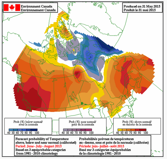 In this Environment Canada seasonal forecast for June, July and August, the blue and purple area indicates the probability of lower then average temperatures, while the orange and yellow areas show the probability of a higher than normal temperatures. (IMAGE COURTESY OF ENVIRONMENT CANADA) 