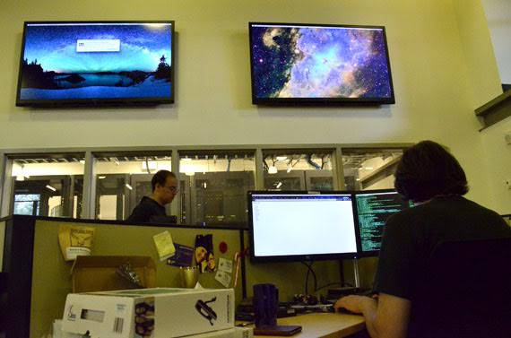 An SSI Micro technician monitors the flow of internet traffic on Nunavut's Qiniq network inside 