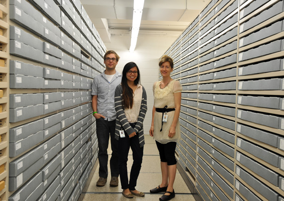 Art archivists and researchers, from left, Richard Laurin, Maxine Veneracion and Elyse Portal, stand down one aisle in an expansive vault in the basement of the McMichael art gallery just north of Toronto. The vault houses some 100,000 drawings and prints from Cape Dorset’s West Baffin Eskimo Co-operative, on loan since 1991. The collection is in the process of being digitized through a partnership with York University; 4,000 of the works have already been put into digital form, with the goal of preserving and returning the collection to Nunavut one day. Read more later at Nunatsiaqonline.ca. (PHOTO BY SARAH ROGERS)