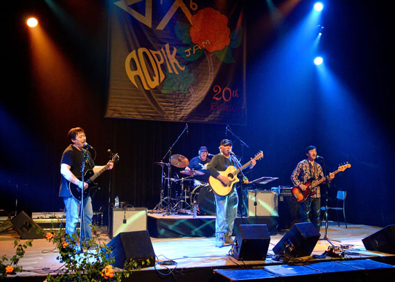 Aug. 14: Aqpik Jam’s closing night, as the Kuujjuaq music festival winds up its 20th edition with the ever-popular Salluit Band and its original members, George Kakayuk (lead singer, front and center), his brother Sandy Kakayuk (on the drums) and Mark Katjulik (bass, on the right), along with Adami Papigatuk (guitar, on the left). The festival ended with fireworks by Mark T. Gordon and Mark E. Gordon. For more photos, look on the Nunatsiaq News Facebook page or Nunatsiaqonline.ca. (PHOTO BY ISABELLE DUBOIS)