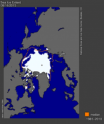 Arctic sea ice extent for Aug. 16 was 5.79 million square kilometres.. The orange line shows the 1981 to 2010 median extent for that day. The black cross indicates the geographic North Pole. (IMAGE/NSIDC)