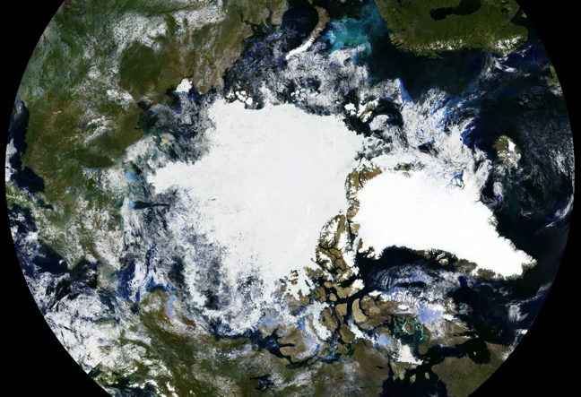 This Moderate Resolution Imaging Spectroradiometer or MODIS image of Arctic sea ice from the Canadian Ice Service combines satellite data from Aug. 11 to Aug. 17, 2015 to show you what's still frozen here. Sea ice extent usually hits its annual minimum extent in September. According to sites that monitor such things, the minimum ice extent is currently tracking below that of the last five years. The Northern Sea Route is currently open water while the Northwest Passage remains clogged with ice, as is evident in the above photo. This year's maximum ice extent — the lowest on record at 14.54 million square kilometres — occured on Feb. 25, 2015. The CIS says average air temperatures in the eastern Arctic were near normal for most of August and predicts temperatures from now into September will be above normal over most locations except southwestern Baffin Bay.