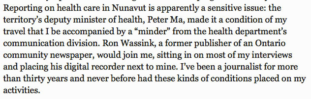 This screen grab shows a passage from an article by journalist Ann Silversides that Maisonneuve magazine published in 2014. When she researched the story in 2012, the Government of Nunavut insisted that a government minder watch over her at all times. (IMAGE FROM MAISONNEUVE WEBSITE)