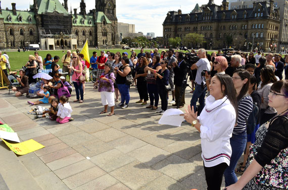 Scores of Ottawa Inuit and their supporters gathered at Parliament Hill on World Suicide Prevention Day Sept. 10 for a noon-hour celebration of life. (PHOTO BY JIM BELL)