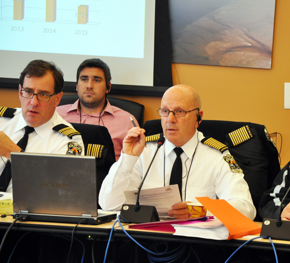 The Kativik Regional Police Force's new chief, Michel Martin, present statistics to a Kativik Regional Government meetings Sept. 16. (PHOTO BY SARAH ROGERS)