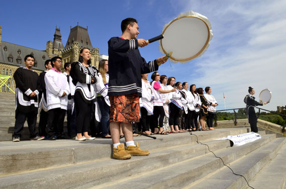 Students from the Nunavut Sivuniksavut program singing and drumming at a celebration of life held Sept. 10 on Parliament Hill. (PHOTO BY JIM BELL)
