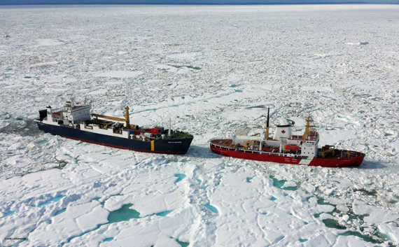 NSSI's M/V Camilla Desgagnés, left is accompanied by a Coast Guard icebreaker on a trip from Nanisivik to Kugaaruk earlier this week, where the company made a rare sealift delivery. (PHOTO BY LUC BELAND/DFO)