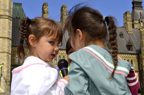 Two little throat singers from the Ottawa Inuit Children's Choir perform at a celebration of life held Sept. 10 on Parliament Hill. (PHOTO BY JIM BELL)