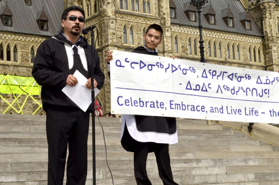 Terry Audla, the president of Inuit Tapiriit Kanatami, speaks Sept. 10 at a celebration of life held on Parliament Hill: “We need to close the gaps in early childhood education, culture and language, livelihoods, income distribution, housing, safety and security, education, availability of health services, mental wellness…,” Audla said. (PHOTO BY JIM BELL)