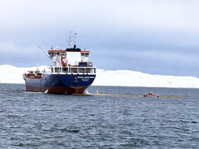 Transport Desgagnés M/T Sarah anchored outside Salluit Oct. 8. The community's mayor says he's been told the amount of fuel spilled could be as much as 10,000 litres. (PHOTO BY PAULUSIE SAVIADJUK)