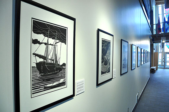 These black and white linoleum prints by Maurice Forsyth-Grant are on display at the Nunavut legislature until Oct. 9. (PHOTO BY THOMAS ROHNER)