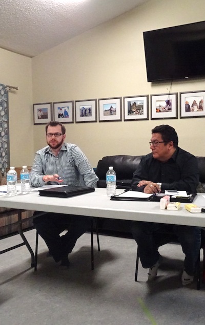 Steve Shaddock, a lawyer with the Government of Nunavut's justice department, and Archie Angnakak, a senior policy analyst, at an October consultation in Cambridge Bay on the GN's proposed new civil forfeiture law. (FILE PHOTO)