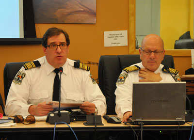 KRPF deputy chief Pierre Bettez, left, and chief Michel Martin address KRG council Nov. 26. (PHOTO BY SARAH ROGERS)