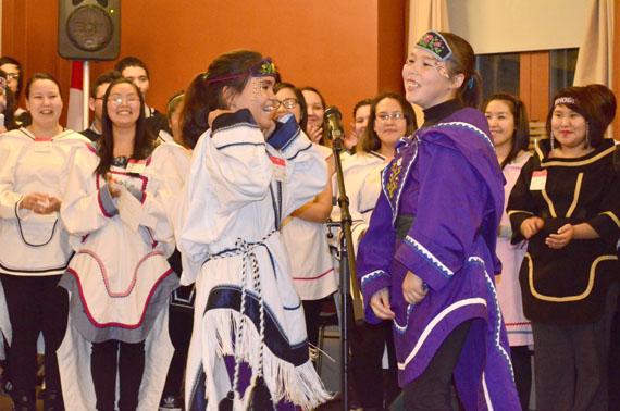 Samantha Kigutaq-Metcalfe, left, and Cailyn DeGrandpre perform Nov. 26 on Parliament Hill at ITK President Natan Obed's meet-the-president event. (PHOTO BY JIM BELL)