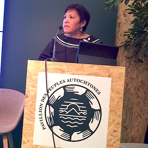 ICC President Okalik Eegeesiak speaks Nov. 30 — in Inuktitut— at the opening of the Indigenous pavilion at COP21 in Paris. (PHOTO COURTESY OF ICC)
