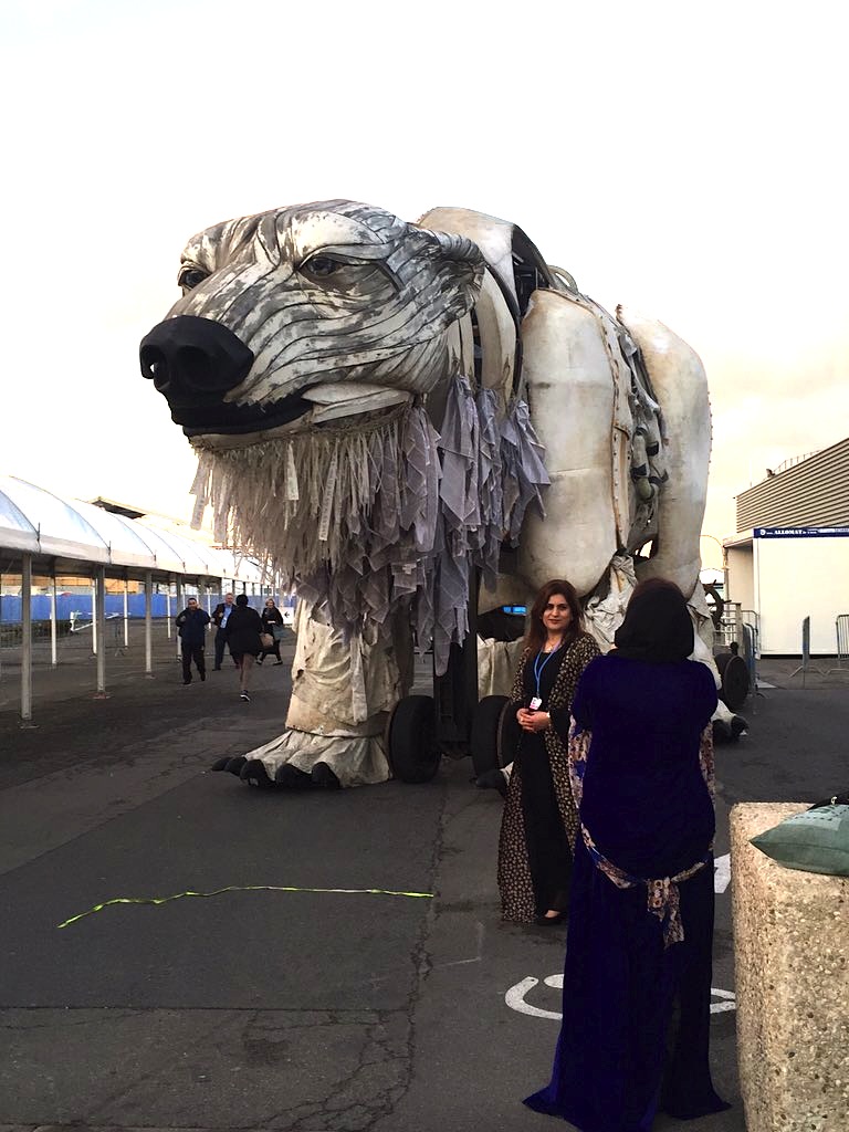 Aurora, the mechanical polar bear, makes an appearance at the Le Bourget Conference Centre outside Paris where the COP21 talks are now underway. (PHOTO COURTESY OF THE UN CLIMATE ACTION)