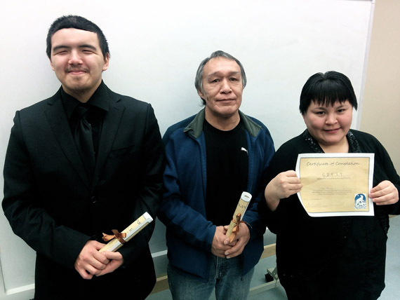 G.R.E.A.T. graduates Tedd Nattaq, Thomassie Ishulutak and Lisa Panniluk celebrate the completion of the 12-week employment skills program in Iqaluit Dec. 22. (PHOTO COURTESY OF THE GN)