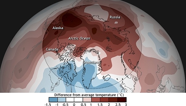 Cool in most of Canada's Arctic but the heat was on elsewhere in the circumpolar world: October 2014 to September 2015 average air temperatures across the Arctic compared to the 1981-2010 average and history of Arctic temperatures compared to the global average. (IMAGE COURTESY OF NOAA)
