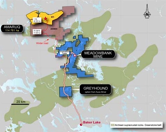 This image shows the all-weather road that currently runs between Baker Lake and the Meadowbank mine site, along with a proposed second road from Meadowbank to Agnico Eagle’s Amaruq site. That second road is set to be constructed this year. (IMAGE COURTESY OF AEM)