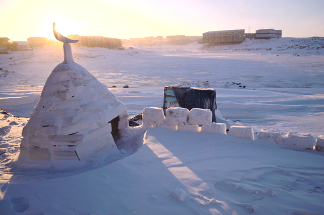 A snow crescent moon sits atop a snow house built beside the Islamic Centre of Iqaluit on the Road to Nowhere Jan. 21. In 2009, a society raised money to build a mosque in Nunavut's capital — the first building of its kind in the territory. Only interior work remains to be finished before the centre is completed, according to a July 2015 update on the centre's website. Locals estimate about 100 Muslims call Iqaluit their home. This igloo might very well be the littlest (snow) mosque on the tundra. (PHOTO BY STEVE DUCHARME)