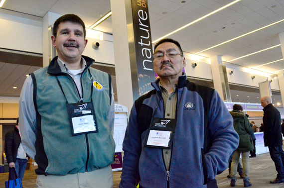 James Paton and Joanasie Akumalik of the Qikiqtani-based Kakivak Association are ready for Northern Lights 2016, a conference and trade show in Ottawa that will run from Jan. 27 to Jan. 30. The event is attracting hundreds of business people and leaders from Nunatsiavut, Nunavik, Nunavut and the Inuvialuit region for four days of panel discussions, workshops and entertainment. Watch Nunatsiaqonline.ca for more. (PHOTO BY JIM BELL)