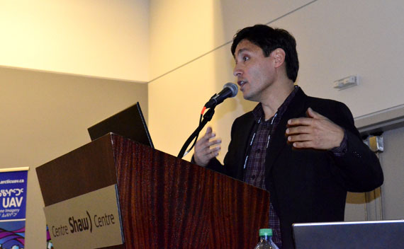 Kirt Ejesiak of Iqaluit pitches his start-up firm, Arctic UAV, Jan. 27 at the Northern Lights 2016 trade show in Ottawa. (PHOTO BY JIM BELL)