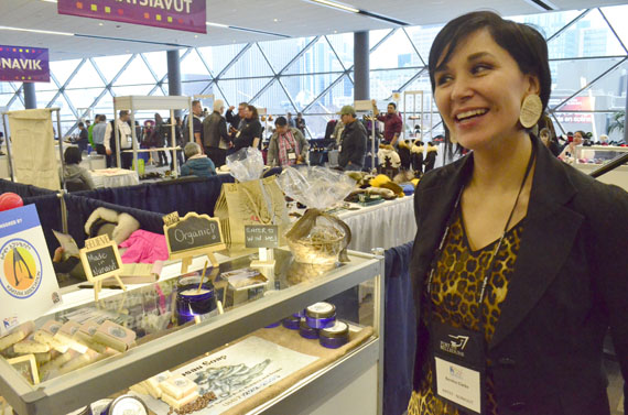 Bernice Clarke of Iqaluit's Usau Soap displays her creations inside the Northern Lights 2016 arts and culture space. (PHOTO BY JIM BELL)