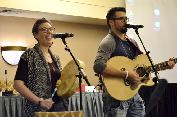 Chelsey June and Jaaji Okpik, the Twin Flames, performing Feb. 12 at an MMIW pre-inquiry consultation organized by Pauktuutit, the national Inuit women’s association. Their moving set included a number called “Porch Light,” inspired by the movement that led to the federal government’s agreeing to create a national inquiry into missing and murdered Indigenous women. Read more later on Nunatsiaqonline.ca. (PHOTO BY JIM BELL)