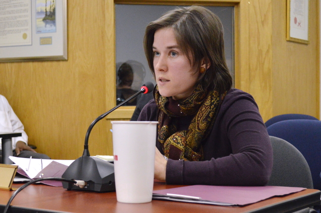 Mélodie Simard, the City of Iqaluit's director of planning and development, makes a presentation to city councillors Feb. 9, on a planned residential development in Apex. (PHOTO BY STEVE DUCHARME)