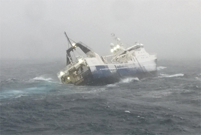 The Canadian Forces Joint Rescue Coordination Centre took this photo of the F/V Saputi taking on water in the Davis Strait Feb. 22. (PHOTO COURTESY JTF ATLANTIC) 