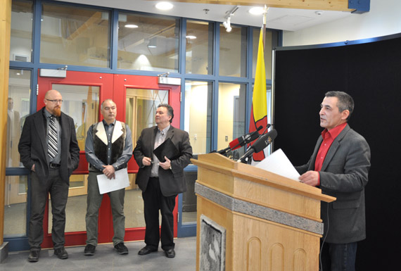 Nunavut MP Hunter Tootoo, far right, is home in Iqaluit Feb. 29 to announce over $25 million for infrastructure projects across the territory, including support for Iqaluit’s aquatic centre and a new cultural facility in Cape Dorset. Tootoo was accompanied by (from left) Iqaluit deputy mayor Romeyn Stevenson, Community and Government Services minister Joe Savikataaq and Premier Peter Taptuna. (PHOTO BY SARAH ROGERS)