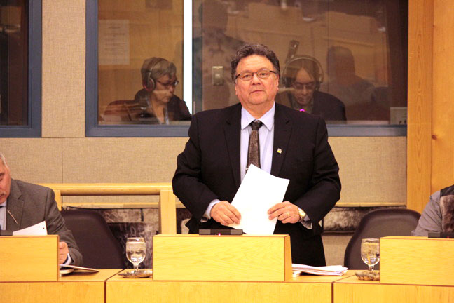 Speaking on a point of privilege March 10, Premier Peter Taptuna accused Iqaluit-Sinaa MLA Paul Okalik of giving “false” and “uncalled for” statements to regional media. (PHOTO BY LISA GREGOIRE