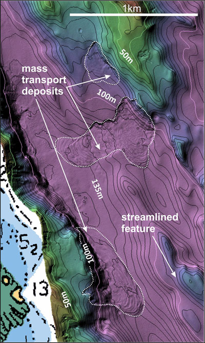 This image shows the location of a submarine landslide on the west side of Frobisher Bay, where the seabed is soft and clay-based. 
