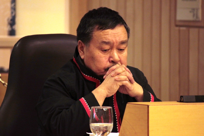 Uqquumiut MLA Pauloosie Keyootak, 62, in a photo from the recent winter sitting of the Nunavut legislature. Multiple sources said searchers found Keyootak down the bay from Iqaluit late March 31, along with his son Atamie Qiyutaq, 15, and nephew Peter Kakkee, 47, after they went missing some time between March 22 and March 24. They left Iqaluit on snowmobile, apparently for Pangnirtung, but never arrived when expected and a search and rescue operation began on Easter Sunday, March 27. Over five days, aerial crews from Nunavut, with help from the Joint Rescue Coordination Centre in Halifax, combed a grid of nearly 29,000 square kilometres over southern Baffin Island while volunteers with snow machines from Pangnirtung, Qikiqtarjuaq and Iqaluit searched the route from both ends. The three have been found alive, Nunavut's Department of Community and Government Services confirmed late March 31. A Canadian Armed Forces Cormorant helicopter had been sent to retrieve them and transport them to hospital Thursday night. See story later on Nunatsiaqonline.ca. (FILE PHOTO)