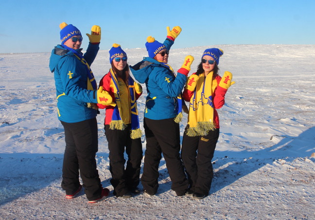 Team Nunavut athletes show off their new Arctic Winter Games jackets for 2016. From left, Jarrett Seeteenak (basketball), Megan Hachey (basketball), Taylor Lee Sweetland (badminton), and Dawn Himga (basketball). (PHOTO COURTESY GN)
